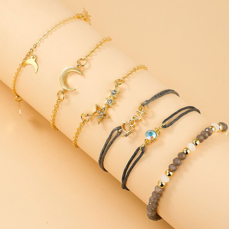 

6pcs Star & Moon Rhinestone Bracelet, Multicolor