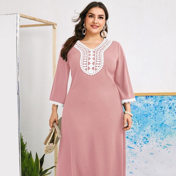 

Plus Contrast Lace V Neck A-line Dress, Dusty pink