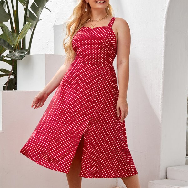 

Plus Polka Dot Criss Cross Back Split Thigh Cami Dress, Red