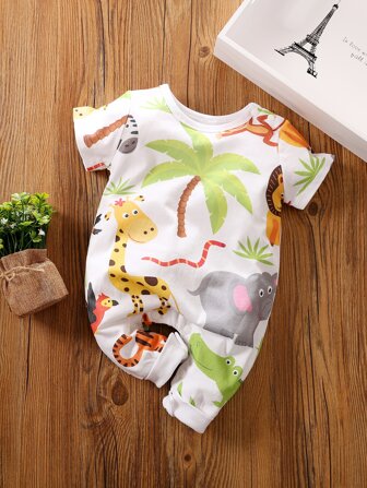 Yierying Baby Boy Cartoon & Plants Graphic Jumpsuit