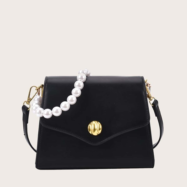

Faux Pearl Handle Satchel Bag, Black