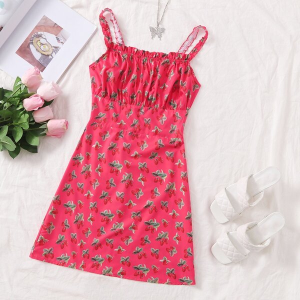 

Allover Strawberry Print Ruched Bust Slip Dress, Hot pink