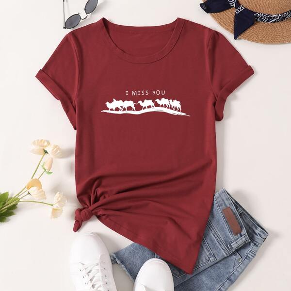 

Camel & Slogan Graphic Tee, Burgundy
