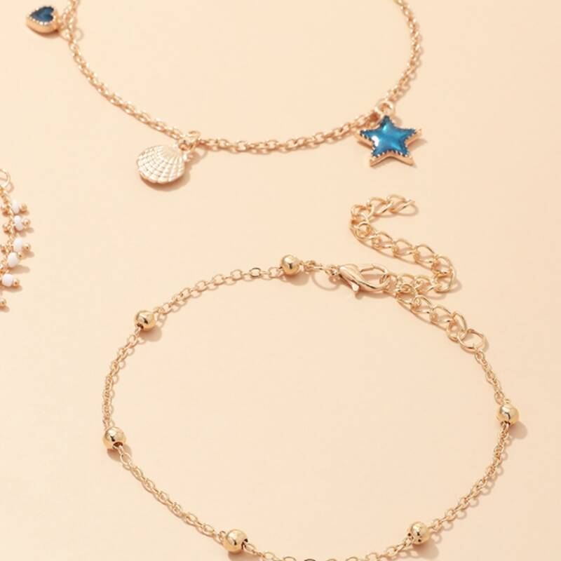

3pcs Shell & Star Anklet, Gold