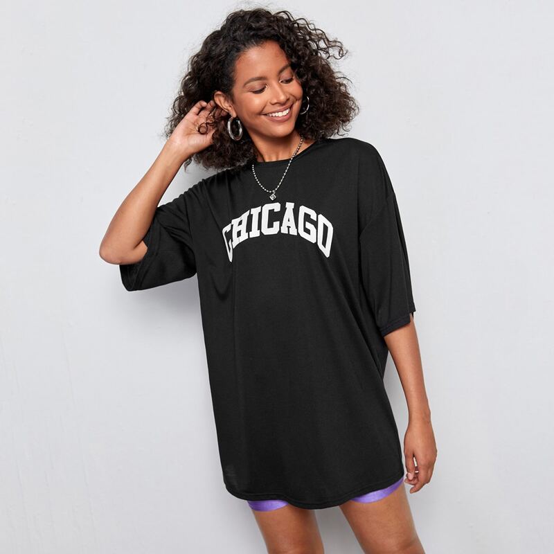 

Drop Shoulder Letter Graphic Oversized Longline Tee, Black