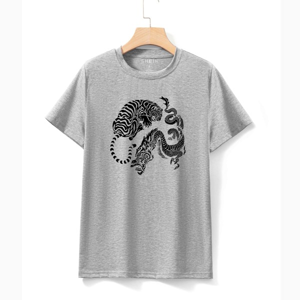 

Chinese Dragon And Tiger Print Tee, Light grey