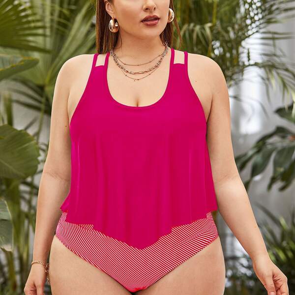 

Plus Pinstripe High Waisted Bikini Swimsuit, Hot pink