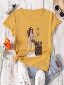 Slogan & Figure Graphic Tee - Mustard Yellow - View 1