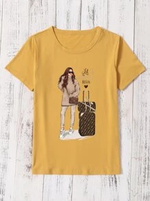 Slogan & Figure Graphic Tee - Mustard Yellow - View 4