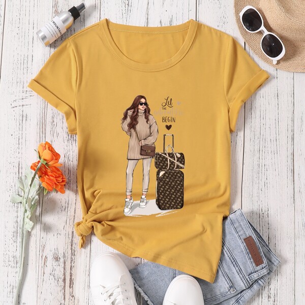 

Slogan & Figure Graphic Tee, Mustard yellow