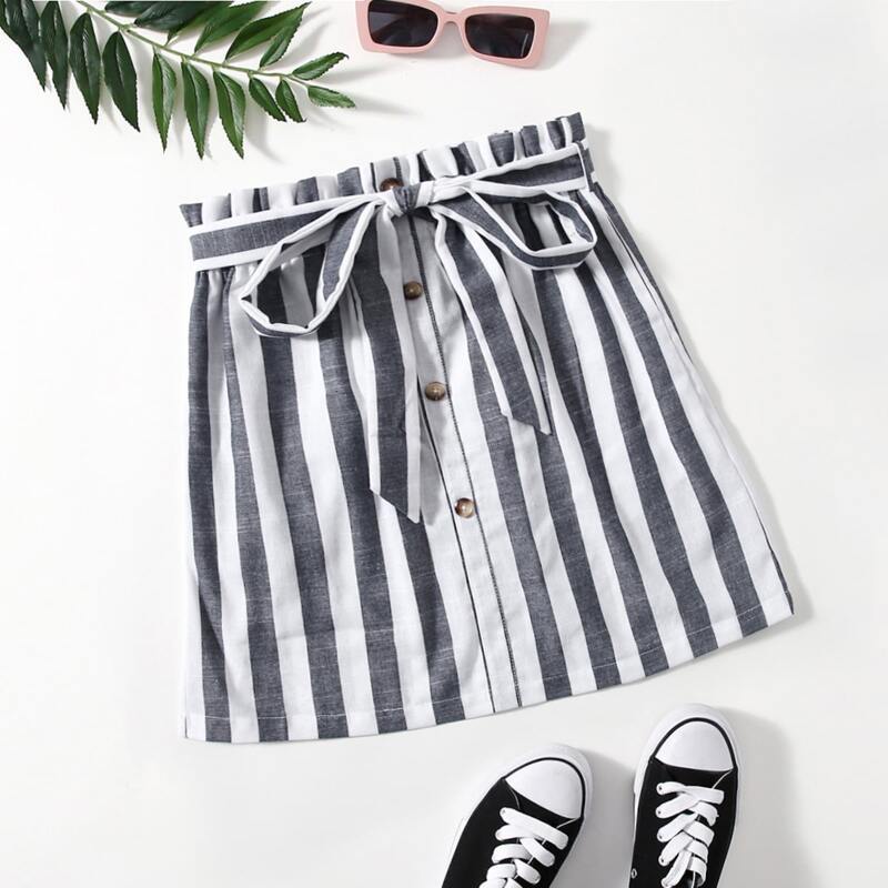 

Paperbag Waist Self Belted Striped Skirt, Blue and white