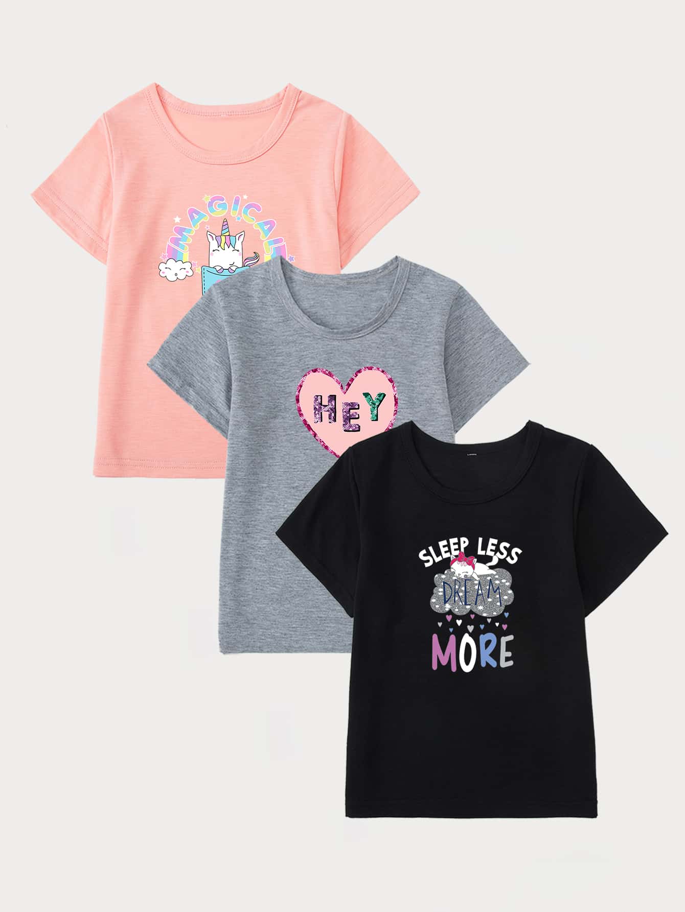 SHEIN Toddler Girls 3pcs Slogan & Cartoon Graphic Tee - Multicolor - View 1