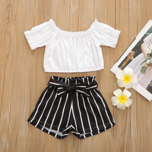 

Baby Girl Bardot Blouse & Striped Belted Shorts, Black and white
