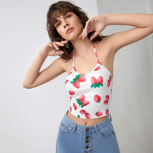 

Strawberry Print Crop Halter Top, White