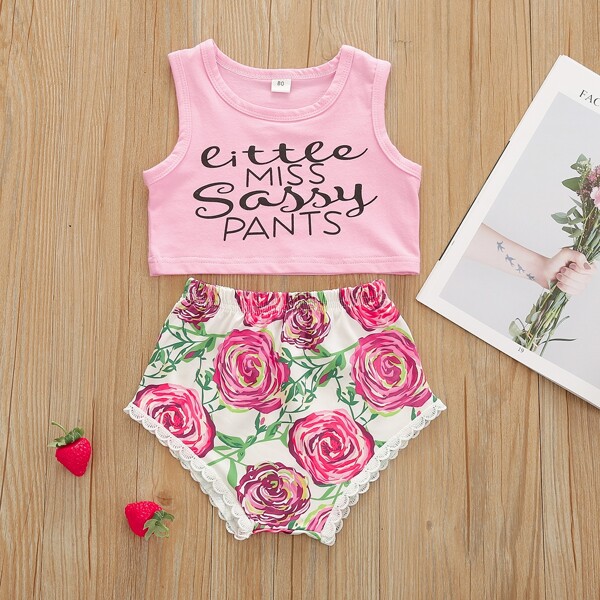

Baby Girl Letter Graphic Tank Top With Floral Shorts, Multicolor
