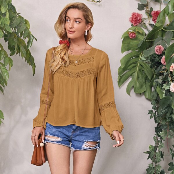 

Lantern Sleeve Lace Insert Top, Brown