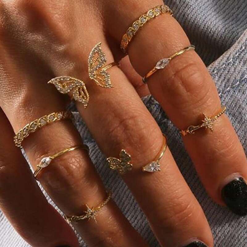 

8pcs Butterfly Rhinestone Ring, Gold