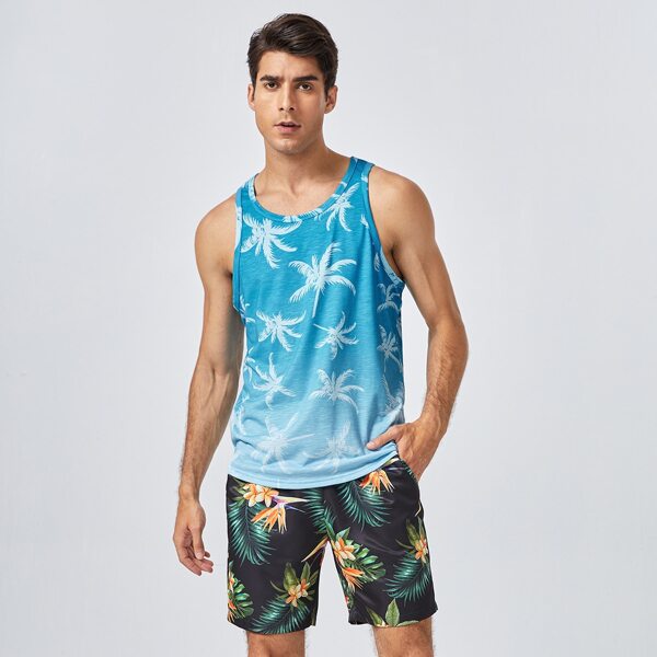 

Men Coconut Tree Print Tank Top, Blue and white
