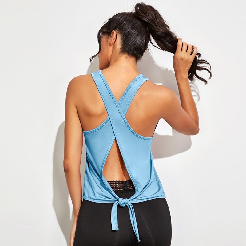 

Knot Back Backless Sports Tank Top, Blue