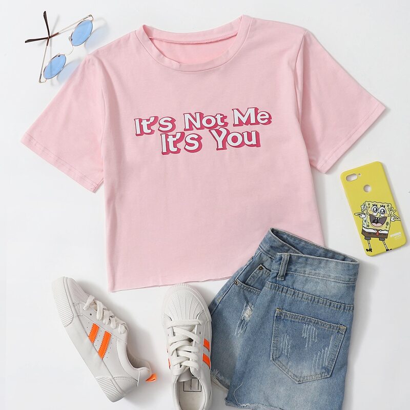 

Slogan Print Tee, Baby pink