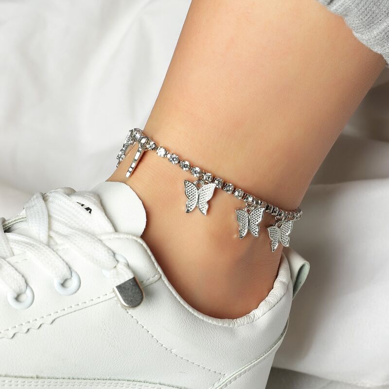 

1pc Butterfly Charm Rhinestone Anklet, Silver