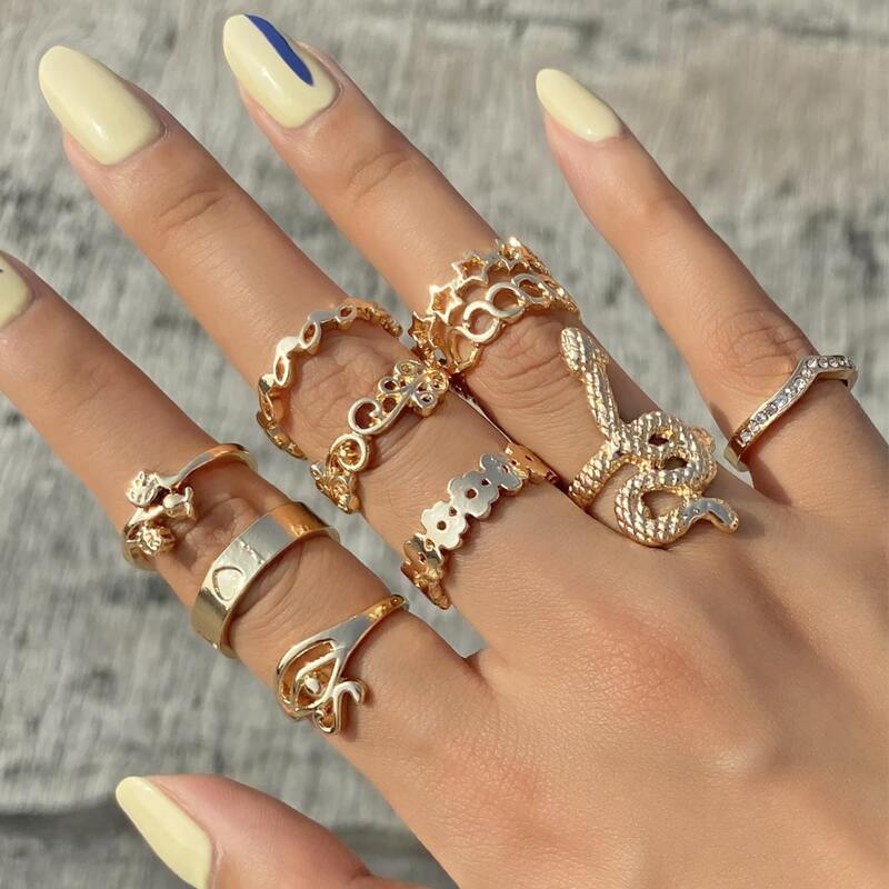 

10pcs Snake & Star Decor Ring, Gold