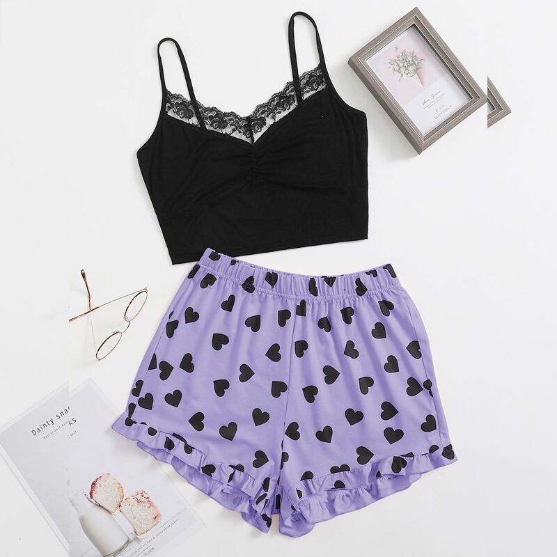 

Lace Panel Heart Print Pajama Set, Multicolor