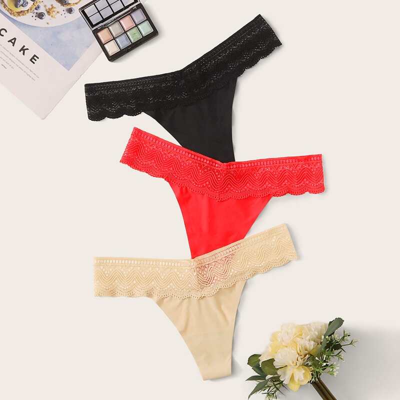 

3pack Scallop Trim Contrast Lace Panty Set, Multicolor
