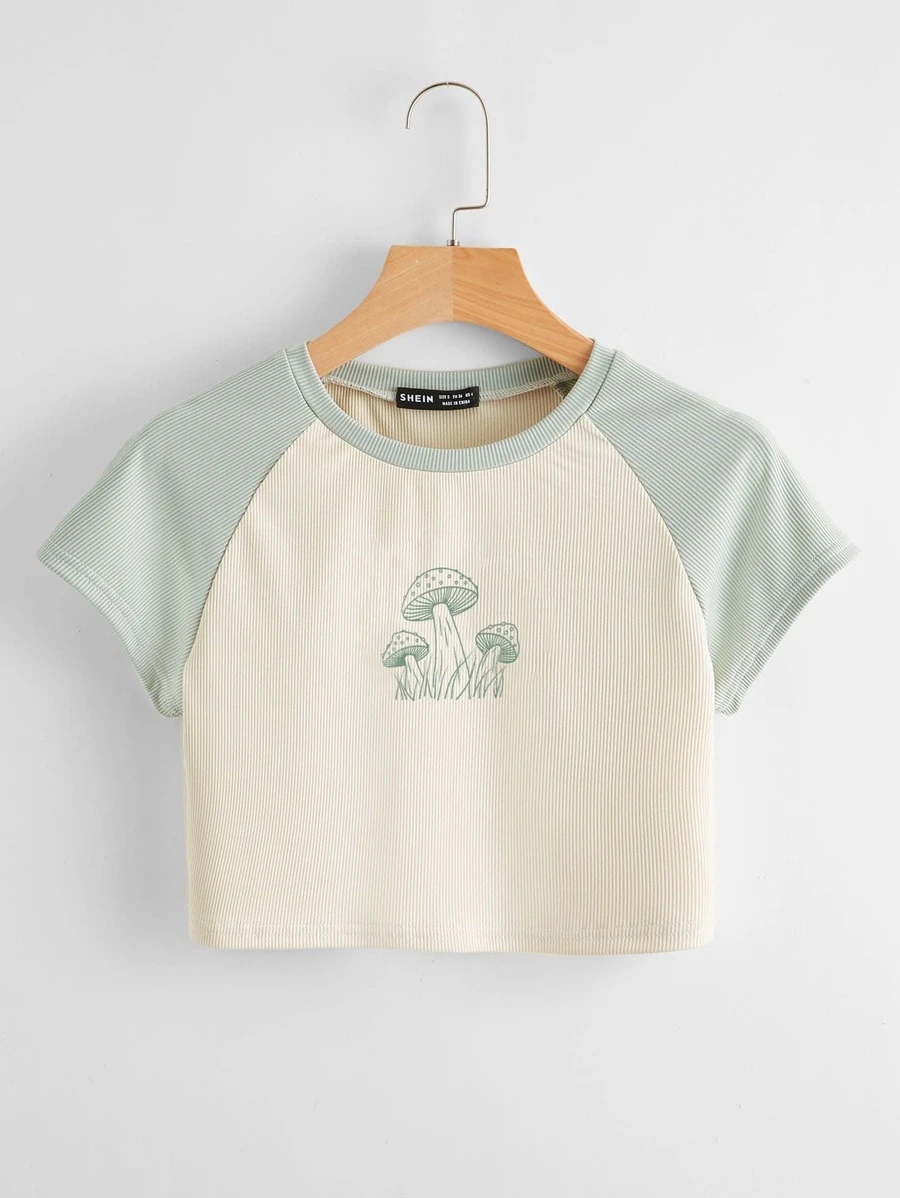 Muchica Mushroom Print Raglan Sleeve Crop Tee - Beige - View 1