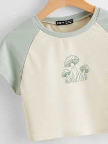 Muchica Mushroom Print Raglan Sleeve Crop Tee - Beige - View 3