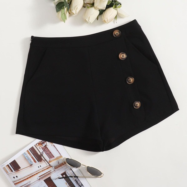

Button Front Solid Shorts, Black