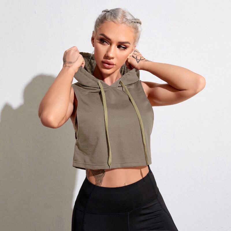 

Drawstring Sleeveless Hooded Sports Sweatshirt, Mocha brown
