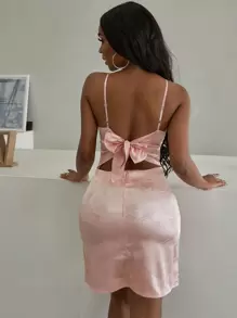 Tie Back Satin Cami Dress - Baby Pink - View 1
