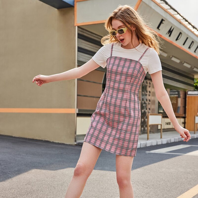 

Solid Tee & Plaid Cami Dress, Multicolor