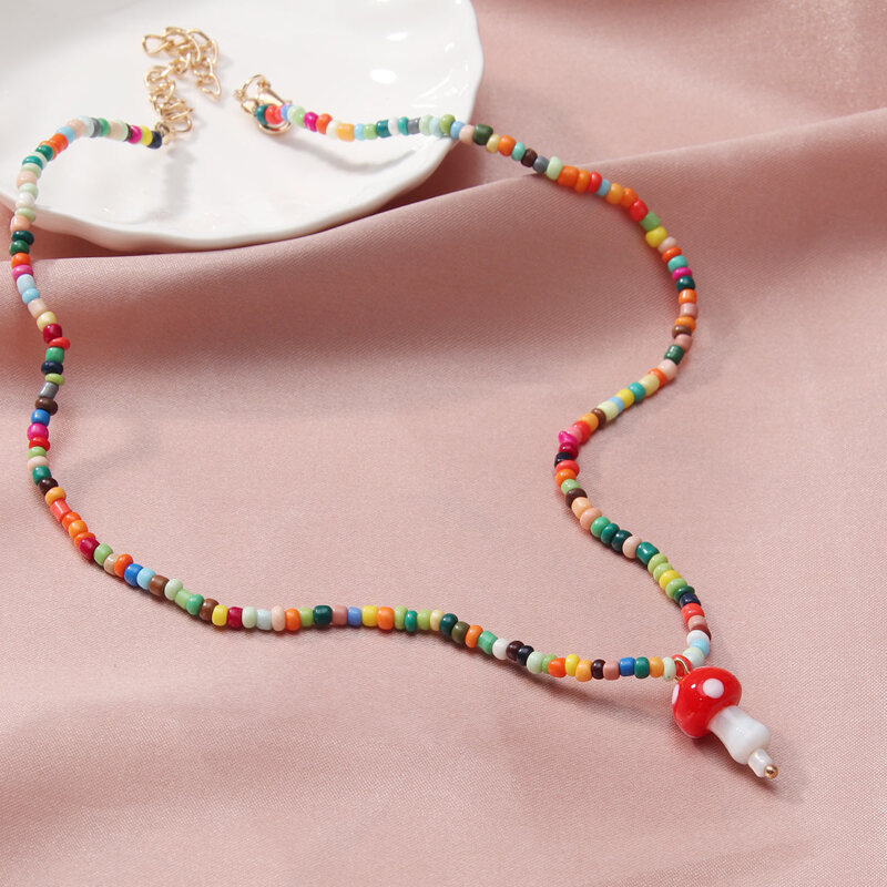 Mushroom Beaded Necklace, Multicolor