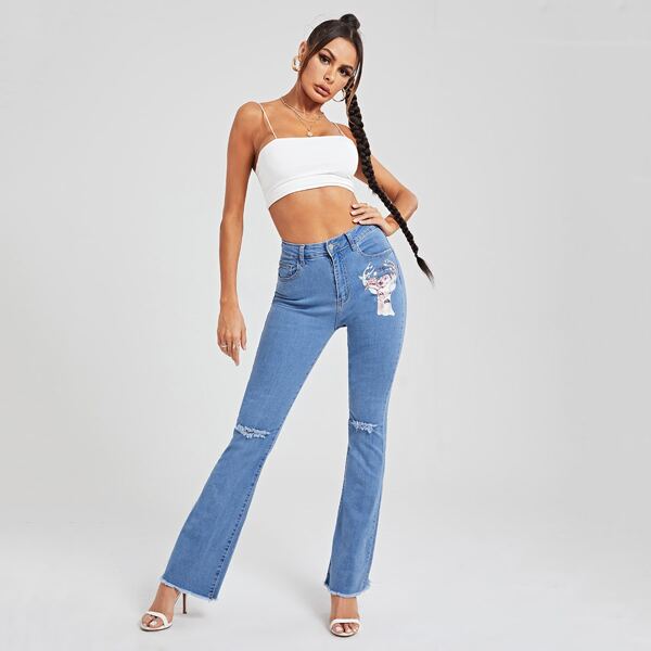 

Deer Print Ripped Flare Leg Jeans, Light wash