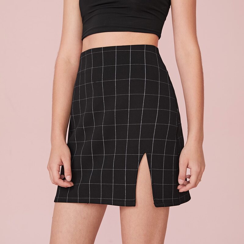 

Plaid Split Skirt, Black