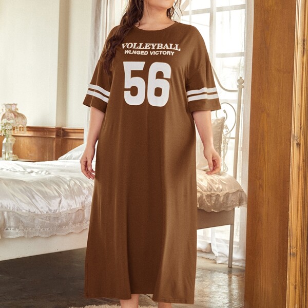 

Plus Letter Graphic Night Dress, Coffee brown