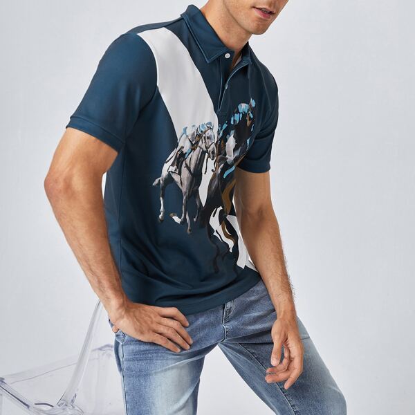 

Men Horse & Figure Graphic Polo Shirt, Multicolor
