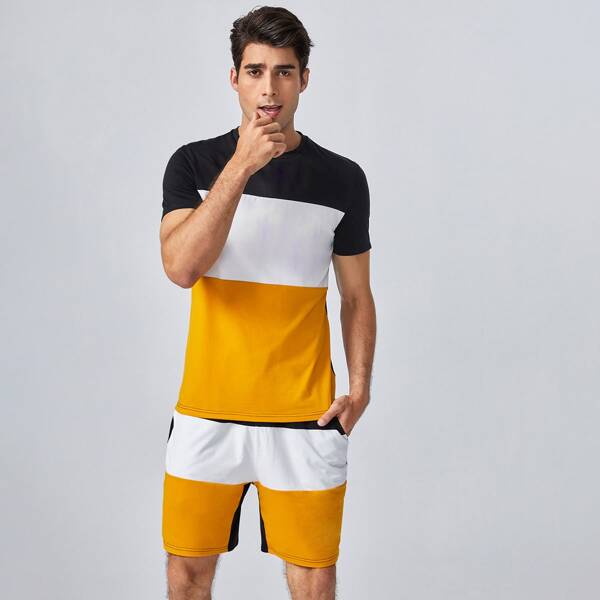 

Men Colorblock Tee & Track Shorts Set, Multicolor