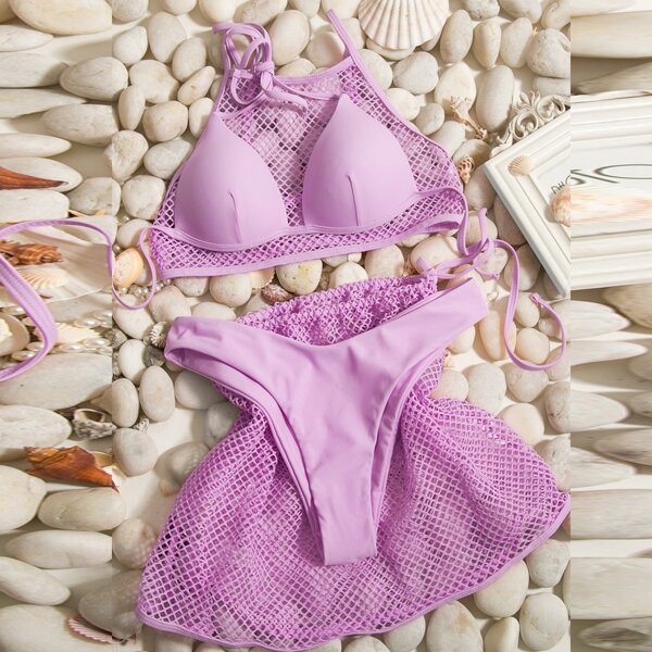 

4pack Triangle Bikini Swimsuit & Fishnet Cover Up, Purple