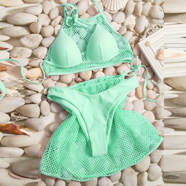 

4pack Fishnet Overlay Bikini Swimsuit With Cover Up, Green