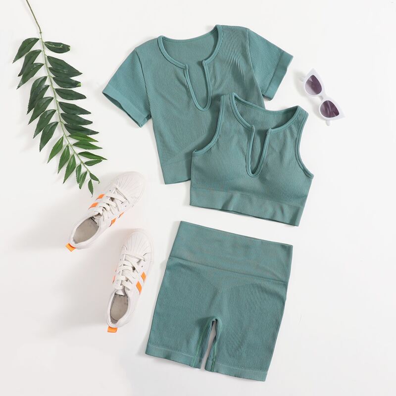 

3pcs Notched Neck Sports Bra & Tee & Biker Shorts, Green