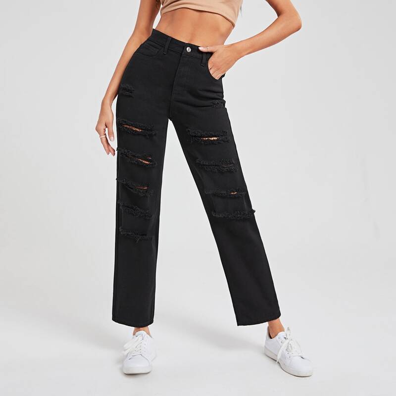 

High Waist Ripped Jeans, Black