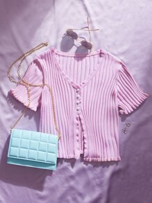 Tops de Punto Volante Liso Casual - Lila Púrpura - Ver 1