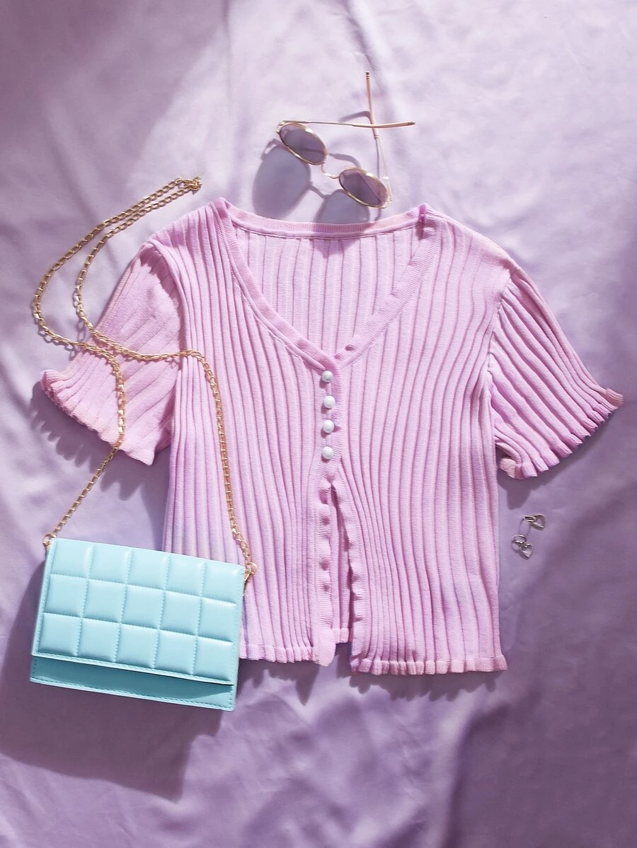 Tops de Punto Volante Liso Casual - Lila Púrpura - Ver 1