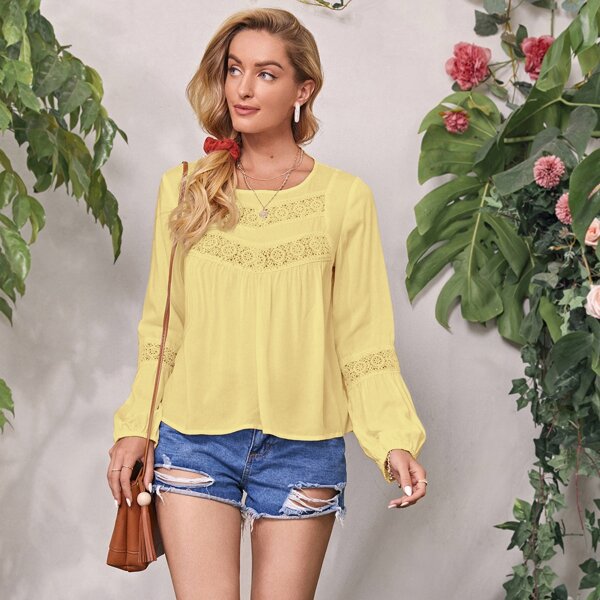 

Lantern Sleeve Lace Insert Top, Yellow