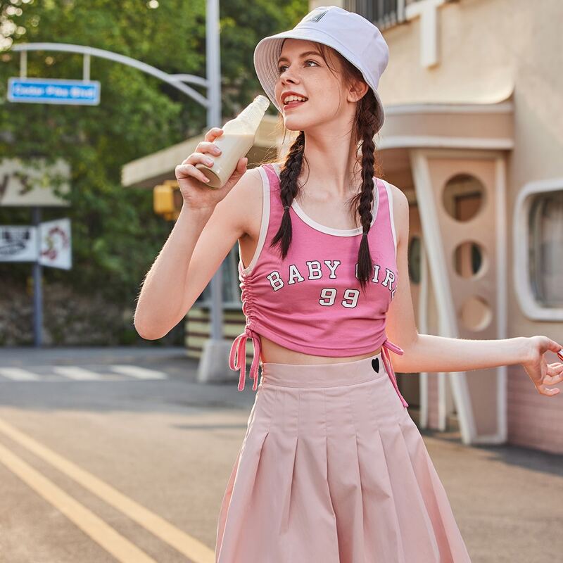 

Heart Embroidery Pleated Skirt, Baby pink