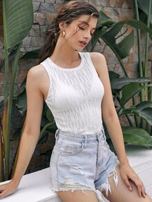 Round Neck Rib-knit Top - White - View 1