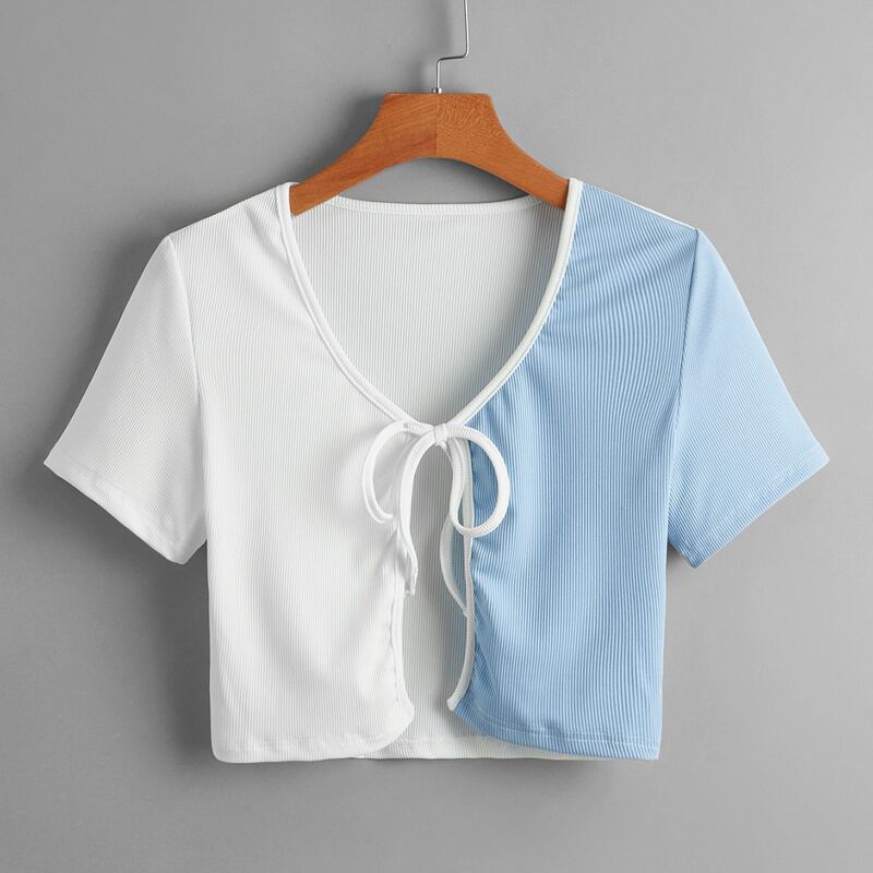 

Two Tone Tie Front Ribbed Top, Blue and white